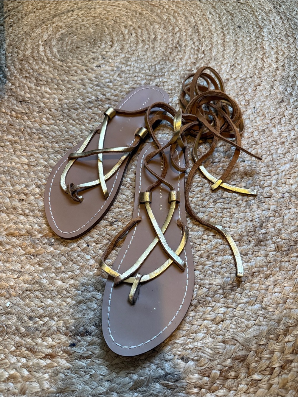 Zara Gold and Brown Lace-Up Gladiator Sandals